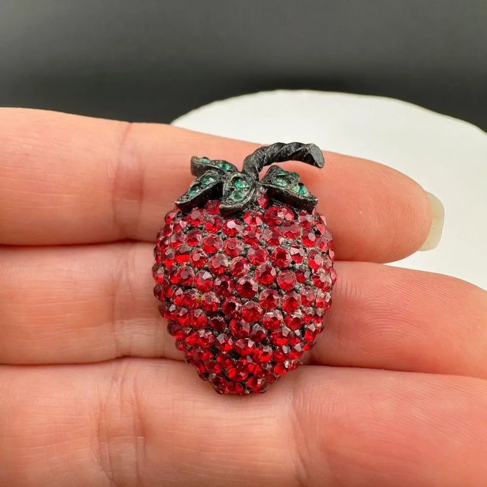 Vintage Rhinestone Strawberry Brooch Pin Lot 1 Signed Weiss 1 AB Figural Fruit